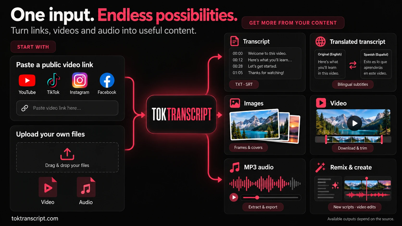 TokTranscript turns video links and uploaded files into transcripts, translations, images, video edits and MP3 audio.