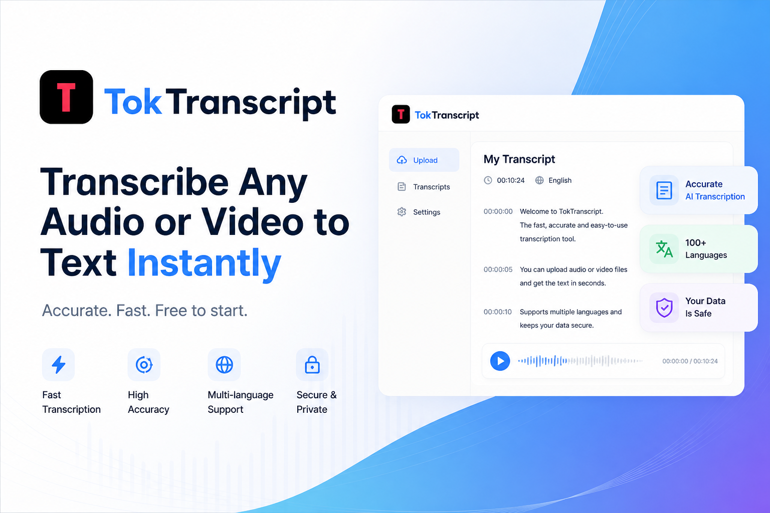 TokTranscript dashboard — TikTok transcript generator with viral breakdown and script remix